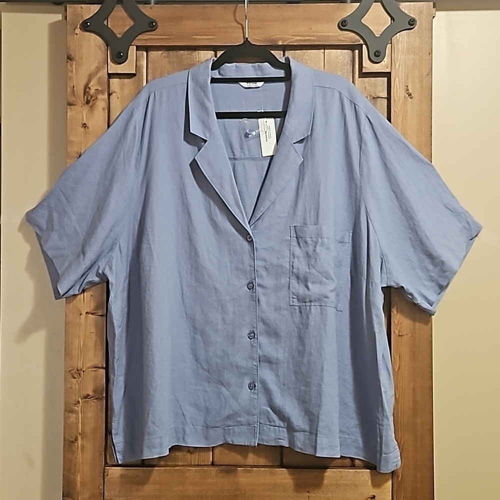 Penningtons Blue Wash Linen Blend Short Sleeve Blouse Size 2X NWT
